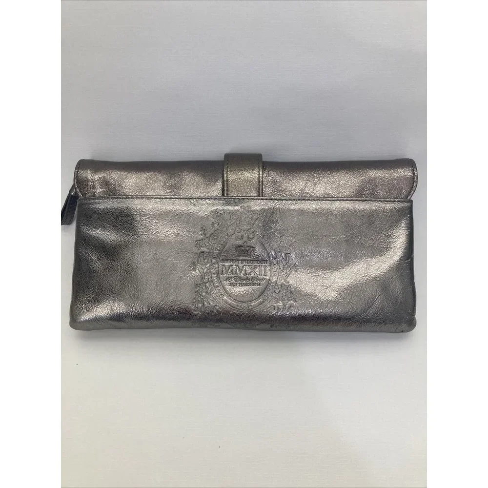 Metallic Pewter Bow Clutch with Jeweled Crown Accent